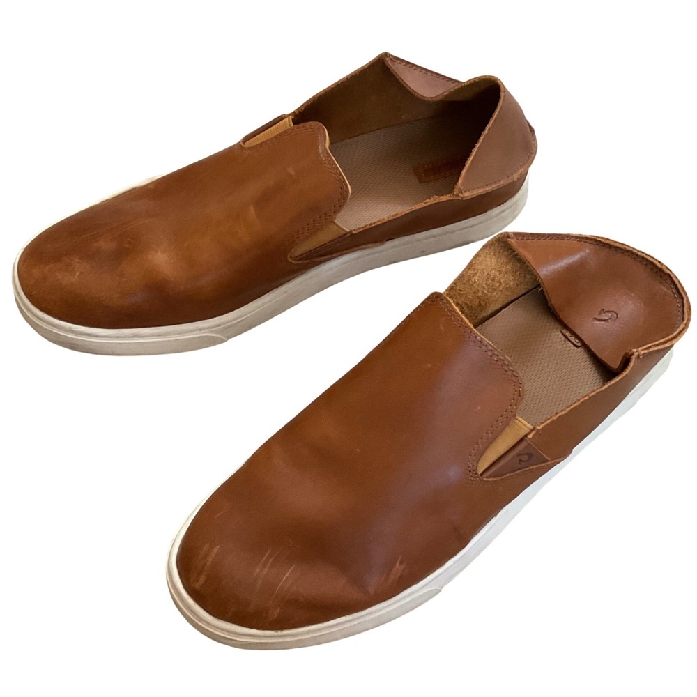 OluKai Pehuea Leather Slip On Sneakers Tan Brown Drop In Heel Womens 11